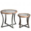 METAL COFFEE TABLE SET/2 ROUND WITH TEMPERED GLASS AND WOODEN RING D68/53XH61/48CM